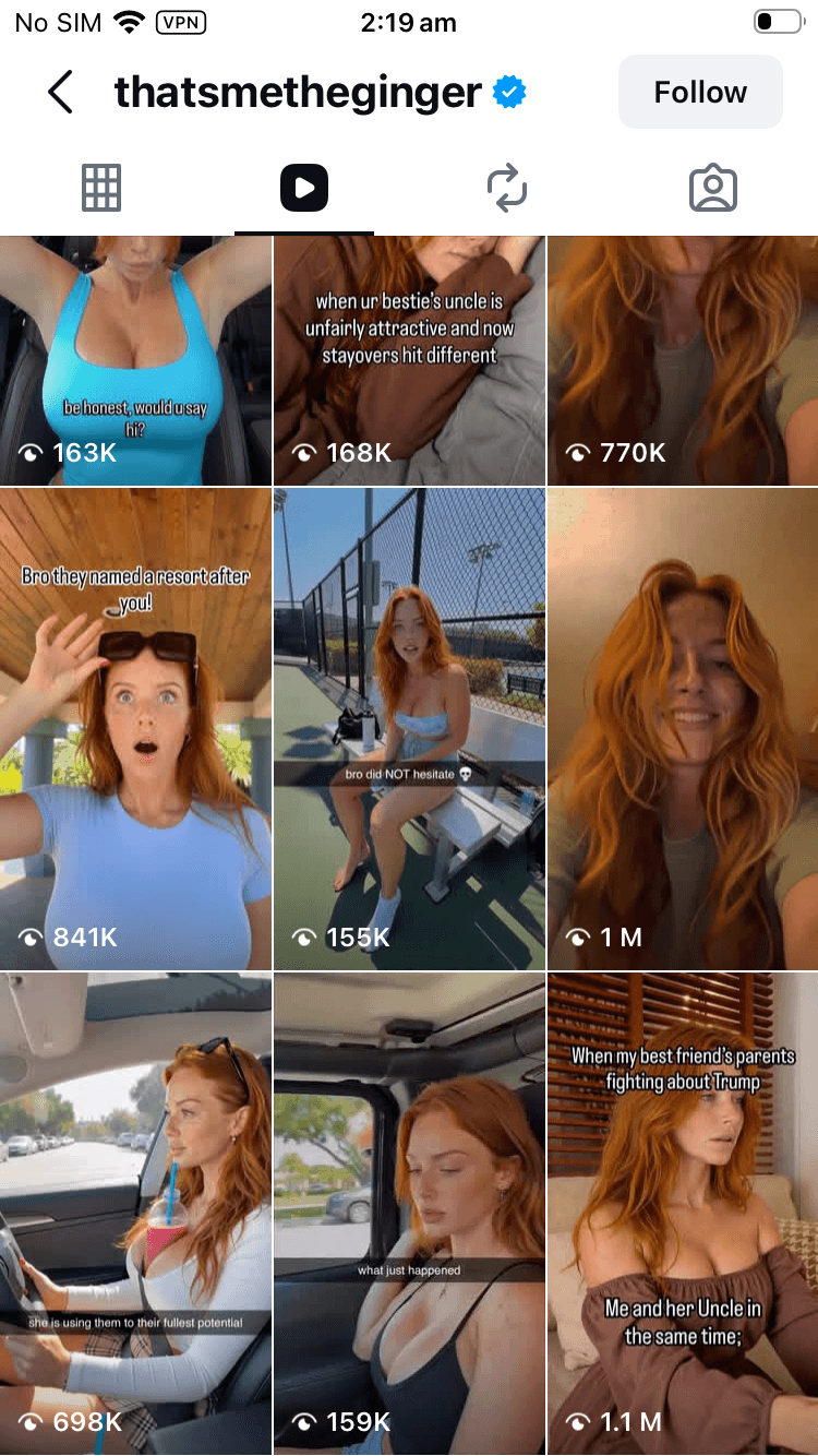 Instagram profile grid of @thatsmetheginger showing reels with 155K to 1.1M views